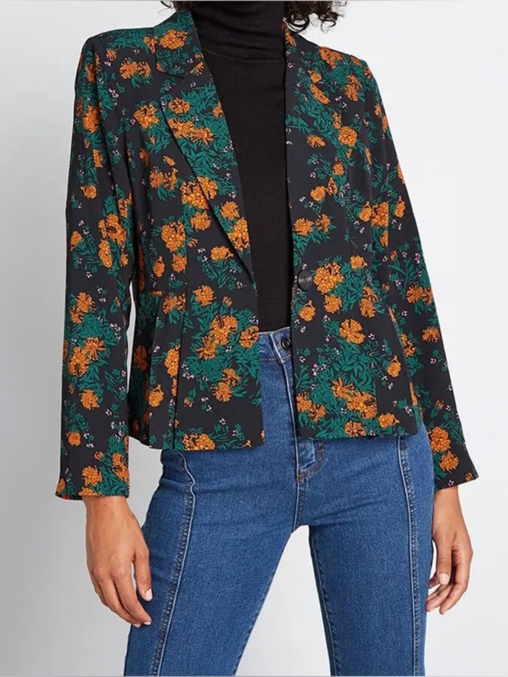 Modcloth Business Savvy Peplum Blazer Black Floral Single-Button Blazer